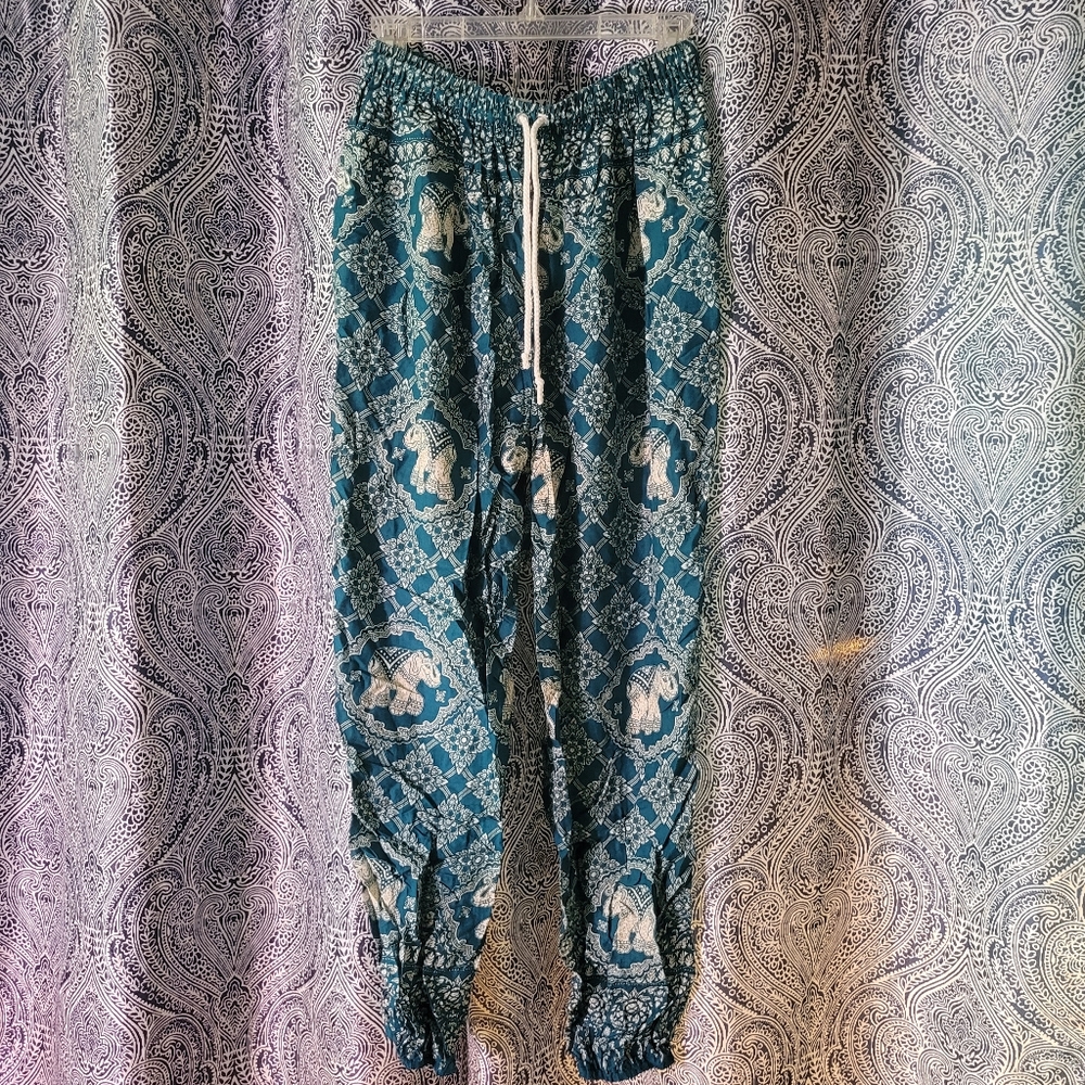 teal and cream harem pants